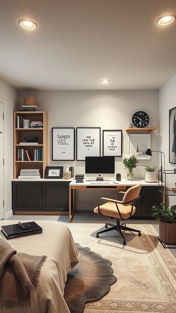 A stylish home office in an unfinished basement with a desk, computer, and decorative elements.