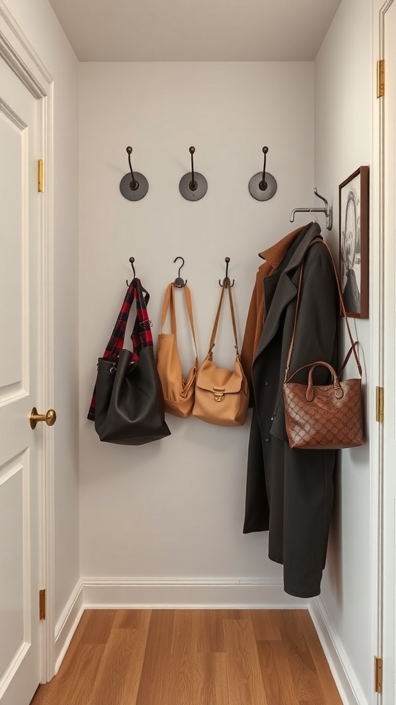 A small foyer with stylish hooks for coats and bags on a wall.