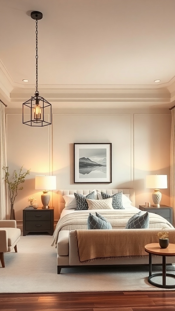 A stylish beige living room with modern lighting fixtures, including a pendant light and table lamps.