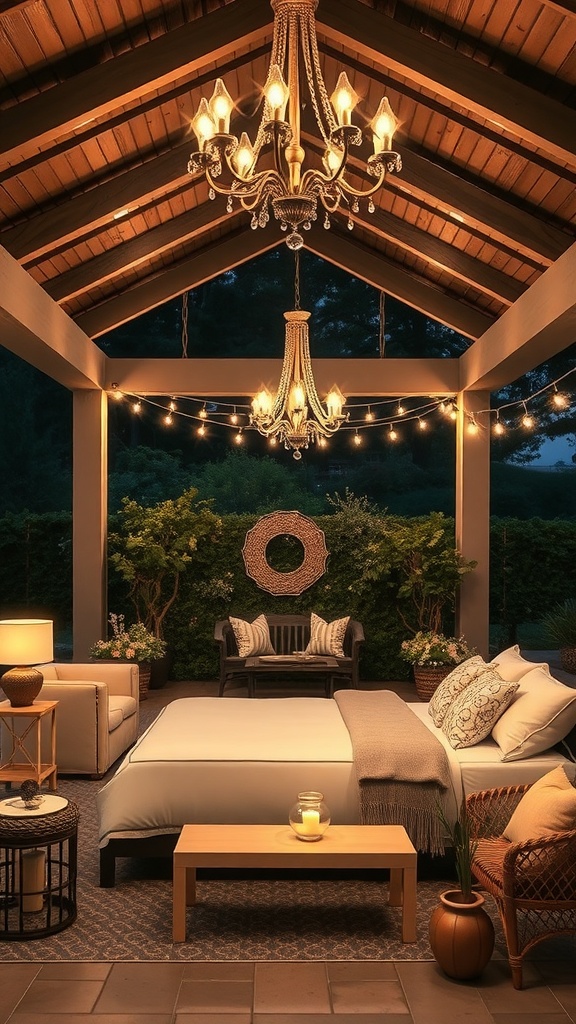 A stylish outdoor patio featuring a chandelier and string lights for illumination.
