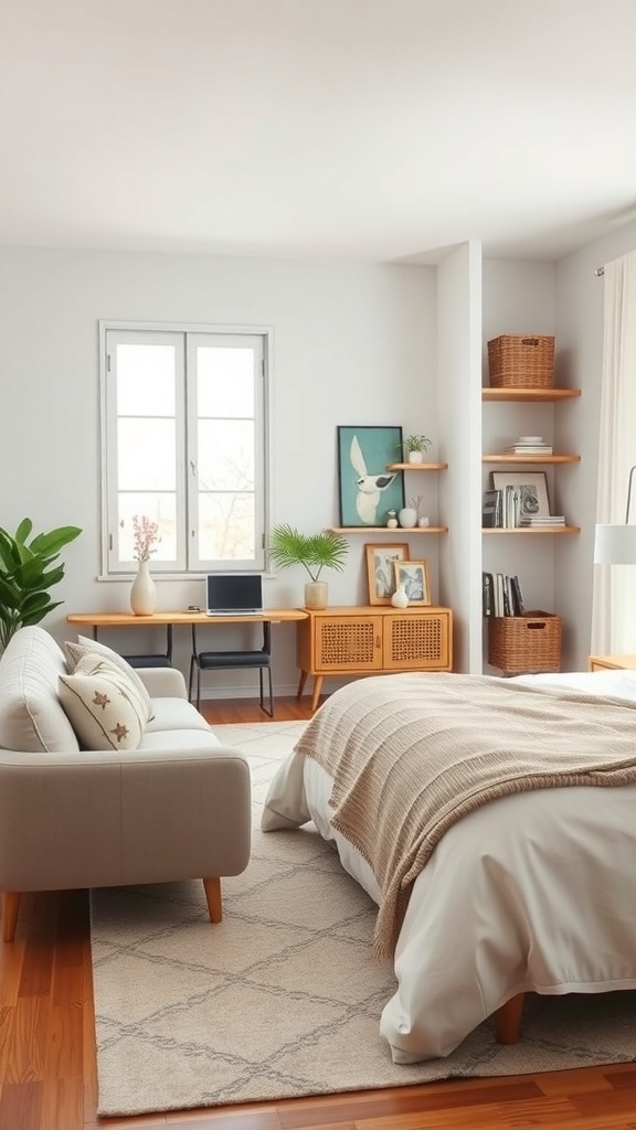 A stylish living room with a cozy sofa, wooden shelves, and plants.