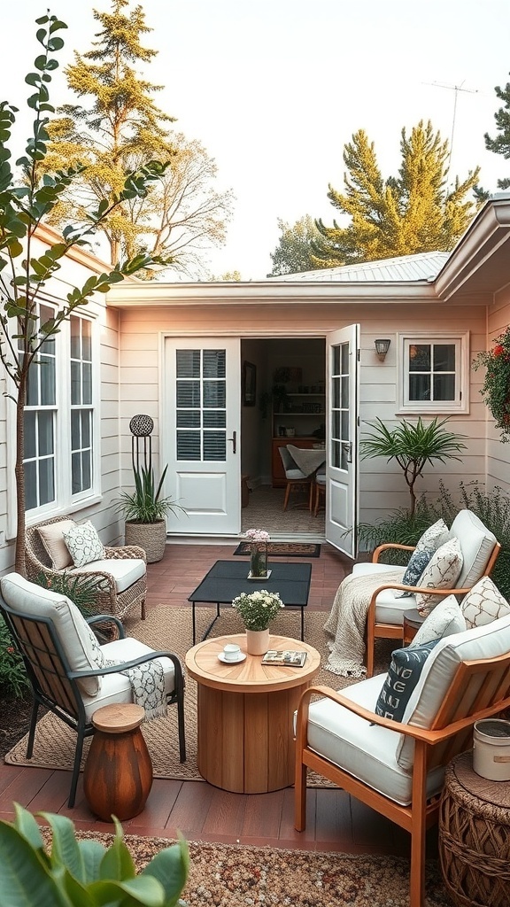 Cozy outdoor living space featuring stylish furniture, a round table, and greenery.