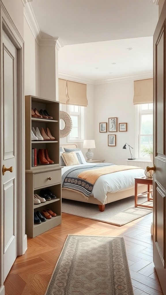 A small foyer with a stylish shoe storage rack and a view into a cozy bedroom.
