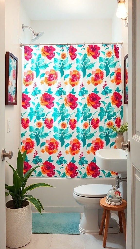 A vibrant floral shower curtain in a small bathroom with green plants and simple decor.