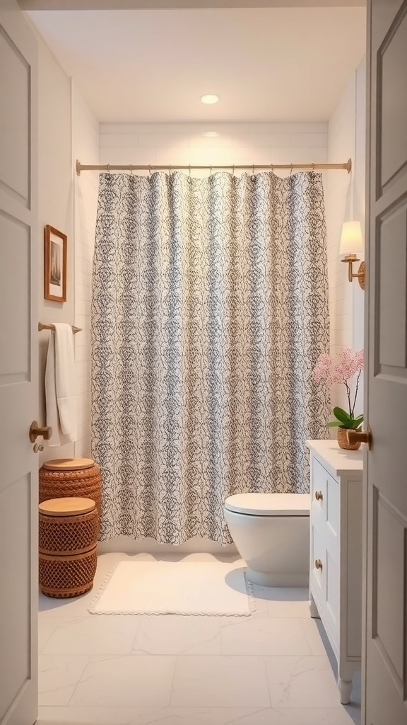 Stylish bathroom with a patterned shower curtain, modern fixtures, and decorative elements.