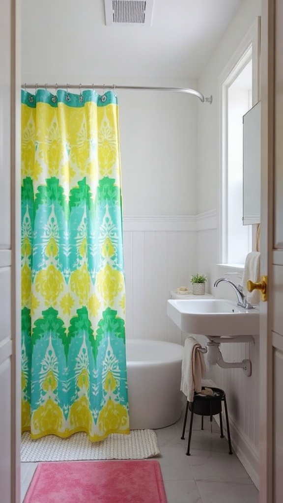A bright yellow and green patterned shower curtain in a small bathroom, with a bathtub and sink visible.