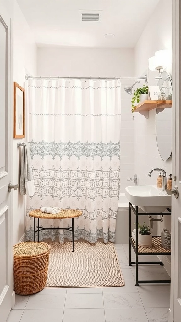 Stylish small bathroom with a decorative shower curtain