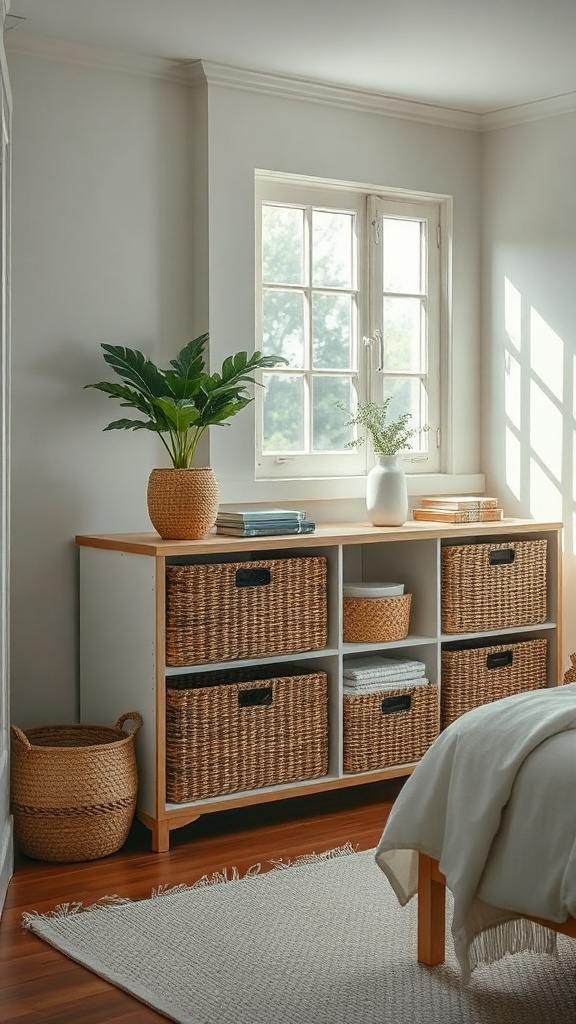 Stylish storage baskets on a shelf in a bright, airy bedroom.