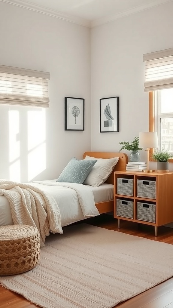Image showing a bright bedroom with a bed, nightstand, storage baskets, and decor elements
