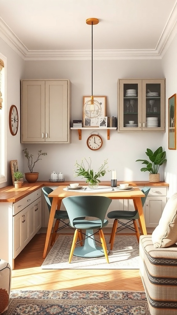 A stylish tiny dining area featuring modern cabinets, a warm wooden table, and decorative plants.