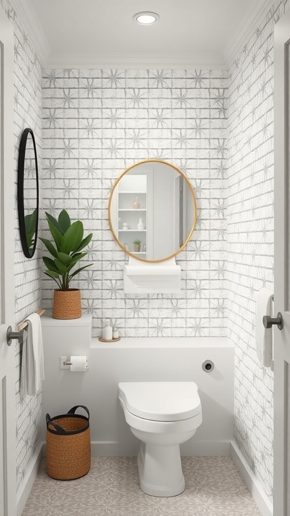 A modern tiny bathroom featuring geometric patterned tiles on the walls and stylish decor.