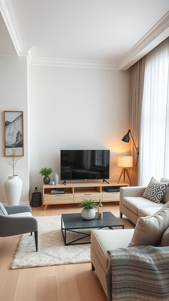 Stylish small TV unit in a modern living room with neutral tones and elegant decor