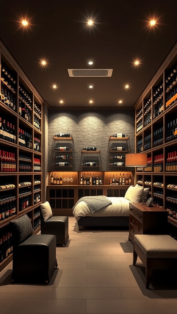 A stylish wine cellar with wooden shelves filled with wine bottles, warm lighting, and a cozy seating area.