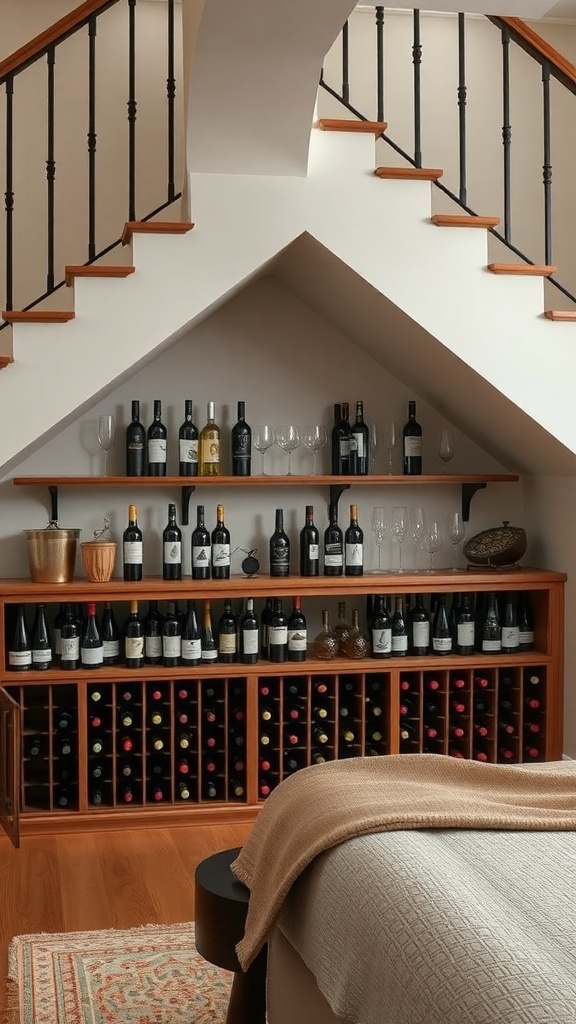 Stylish wine storage under stairs with bottles and glasses displayed on shelves.