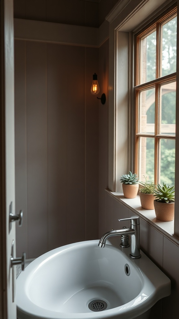 A rustic bathroom with a white sink, wooden window, and small succulent and herb planters on the windowsill.