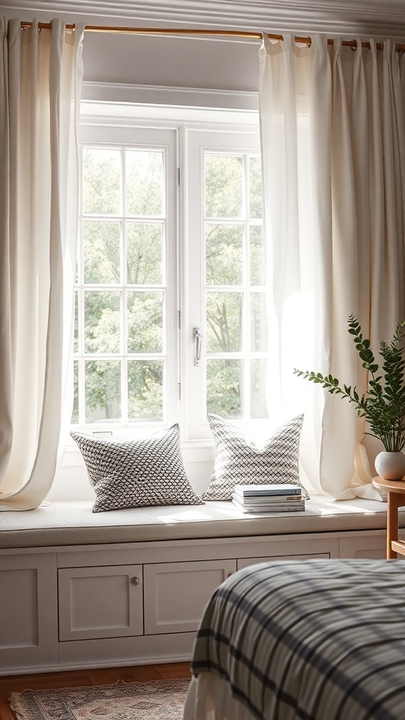 A cozy window seat with soft pillows, books, and a potted plant, illuminated by natural sunlight.