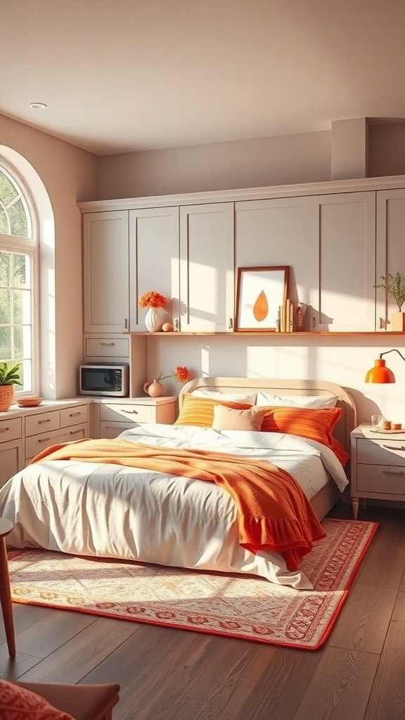 A kitchen featuring sunset orange and light gray color combinations, showcasing vibrant orange accents against light gray cabinetry.