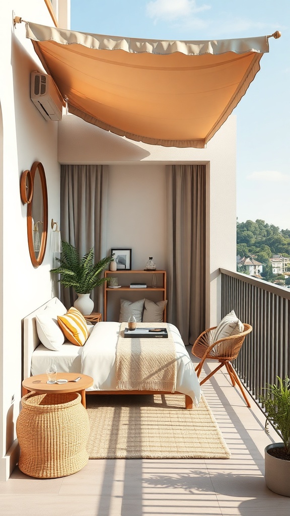 A cozy balcony with a sunshade canopy, featuring a small table, chairs, and potted plants.