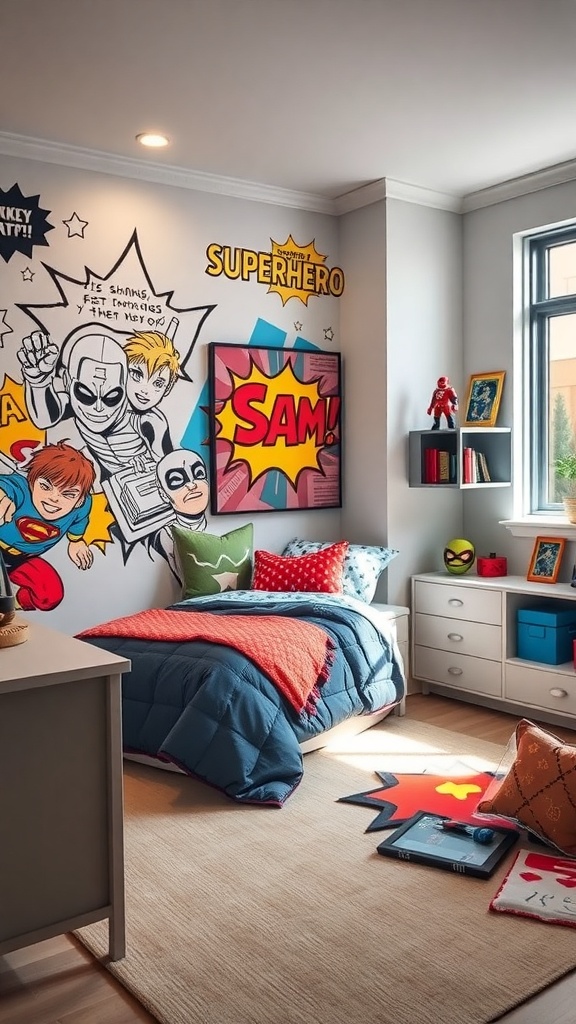 A colorful children's room with superhero-themed wall art, a cozy bed, and playful decor.