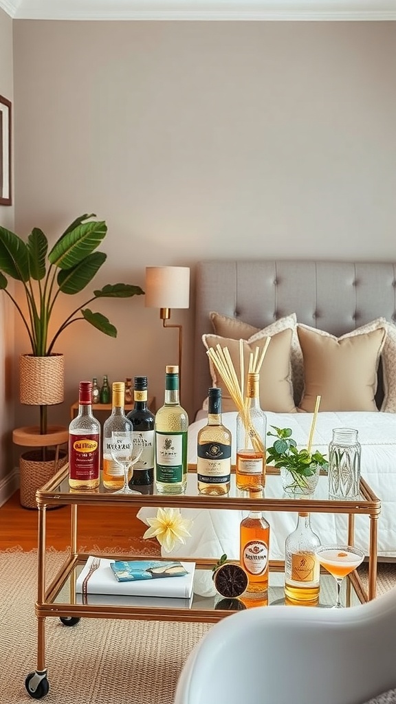 A stylish bar cart featuring eco-friendly products, including various spirits, fresh herbs, and natural decor.