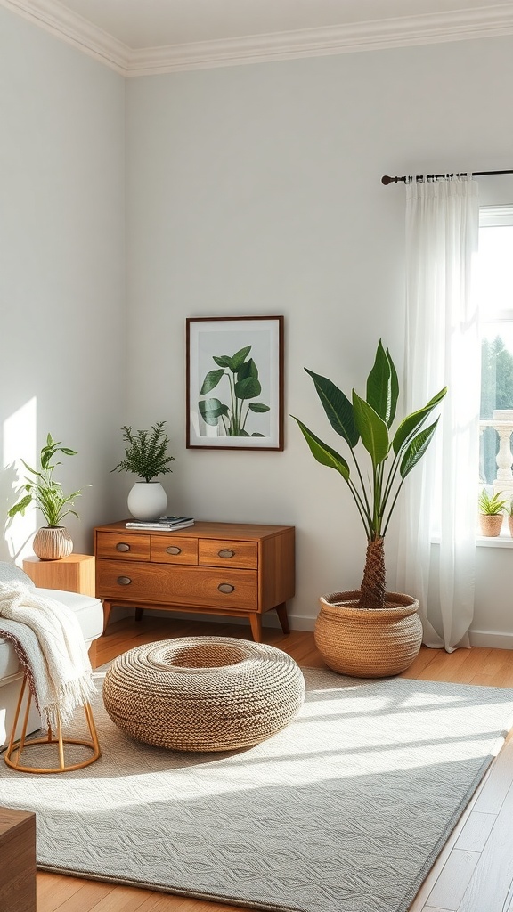 A cozy living room corner featuring a wooden dresser, woven coffee table, and various plants in recycled pots.