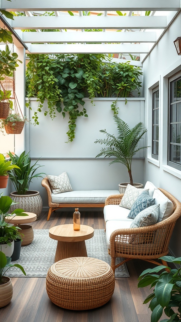 A small balcony featuring sustainable furniture made of rattan and wood, surrounded by lush greenery.