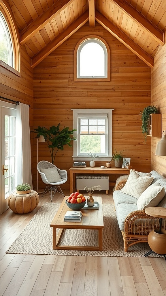 Cozy tiny cottage interior with wooden walls and sustainable furniture