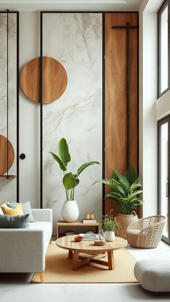 A modern living room with a decorative partition featuring wood and stone textures, complemented by plants and natural decor.