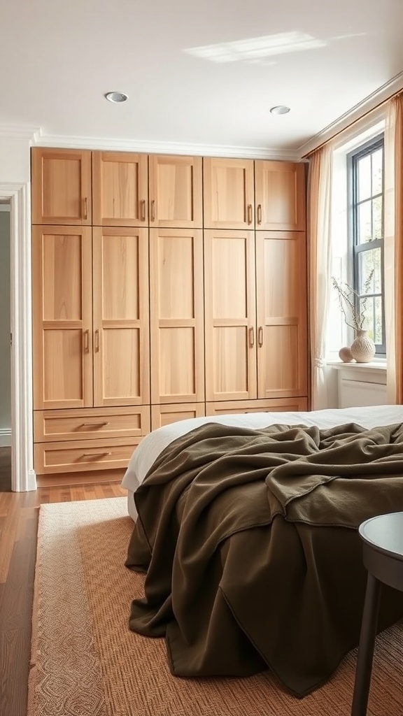 A fitted wardrobe made of natural wood in a cozy bedroom setting.