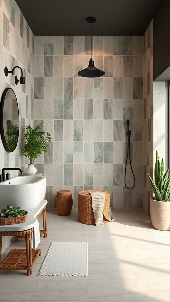 A modern shower room featuring natural stone tiles, wooden accents, and plants for a sustainable design.