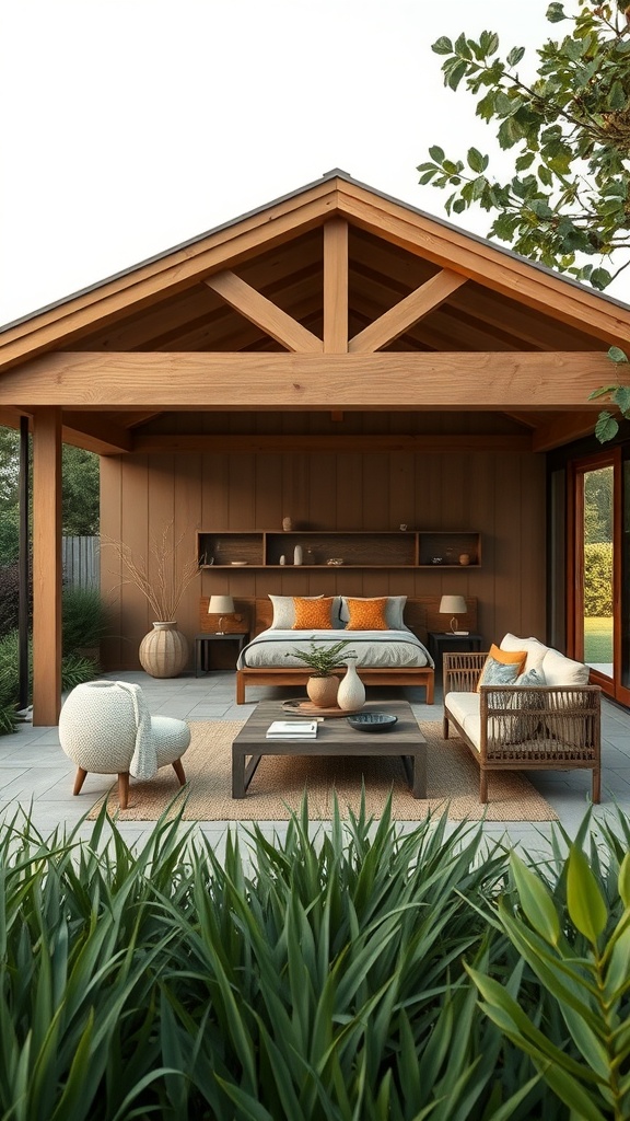 Cozy covered outdoor patio with wooden structure, comfortable seating, and surrounding greenery.