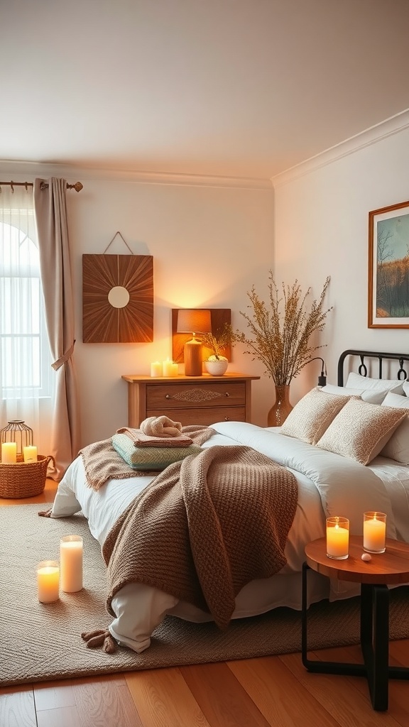 A cozy bedroom with soft textiles, candles, and natural decor.
