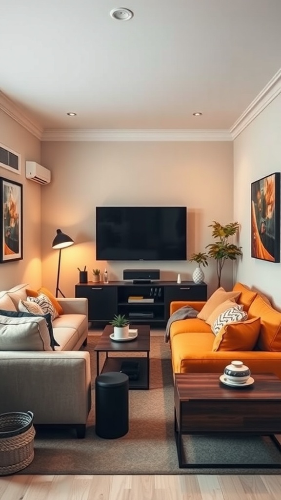 Cozy living room with modern decor and entertainment setup