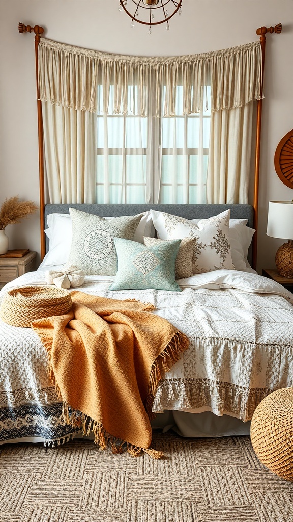 A cozy boho bedroom featuring textured bedding with a white quilt, orange throw blanket, and various decorative pillows.
