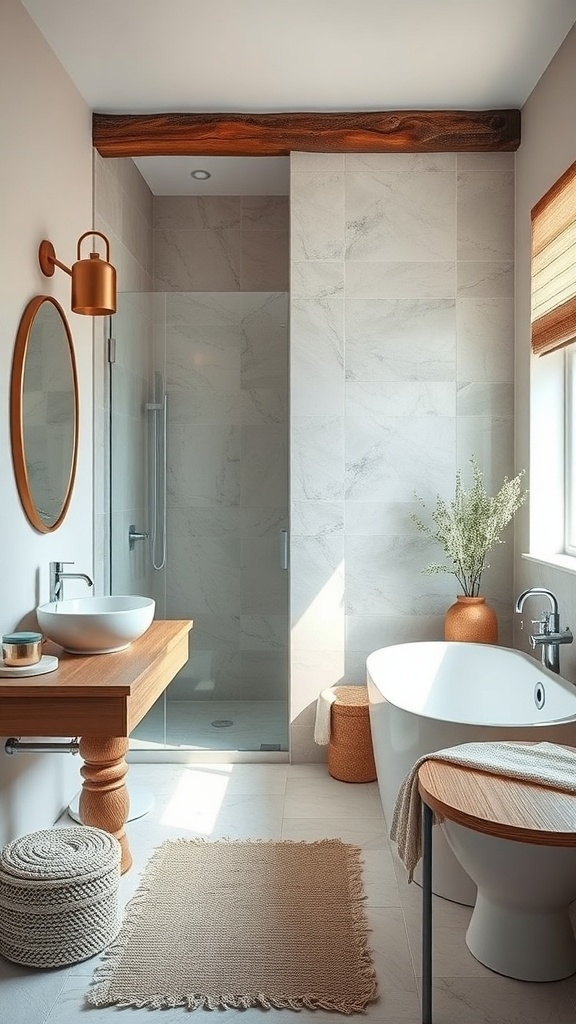 Interior of a modern small ensuite bathroom featuring wooden accents, textured elements, and a cozy atmosphere.