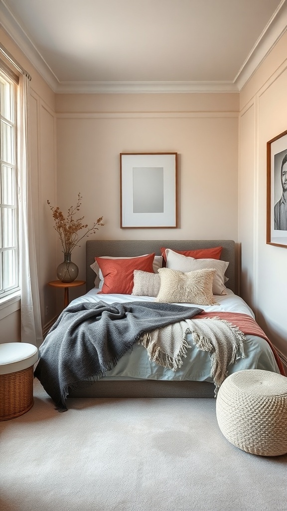 A cozy tiny bedroom featuring a bed layered with textured fabrics, warm colors, and a soft atmosphere.