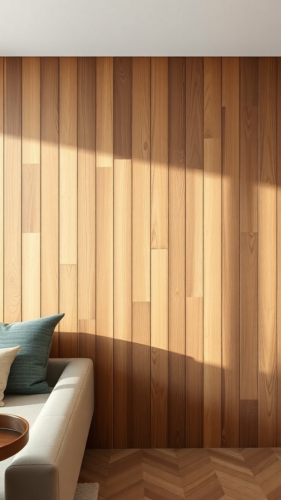 Wooden partition highlighting vertical slats with natural wood tones