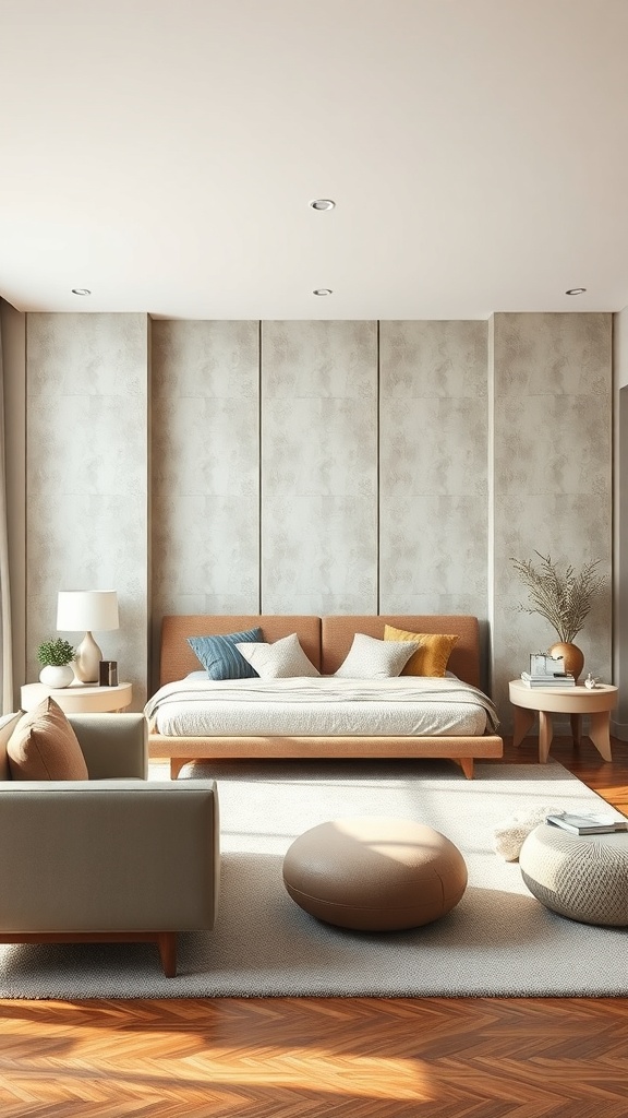 A stylish living room featuring textured panels as a separator, with modern furniture and warm lighting.