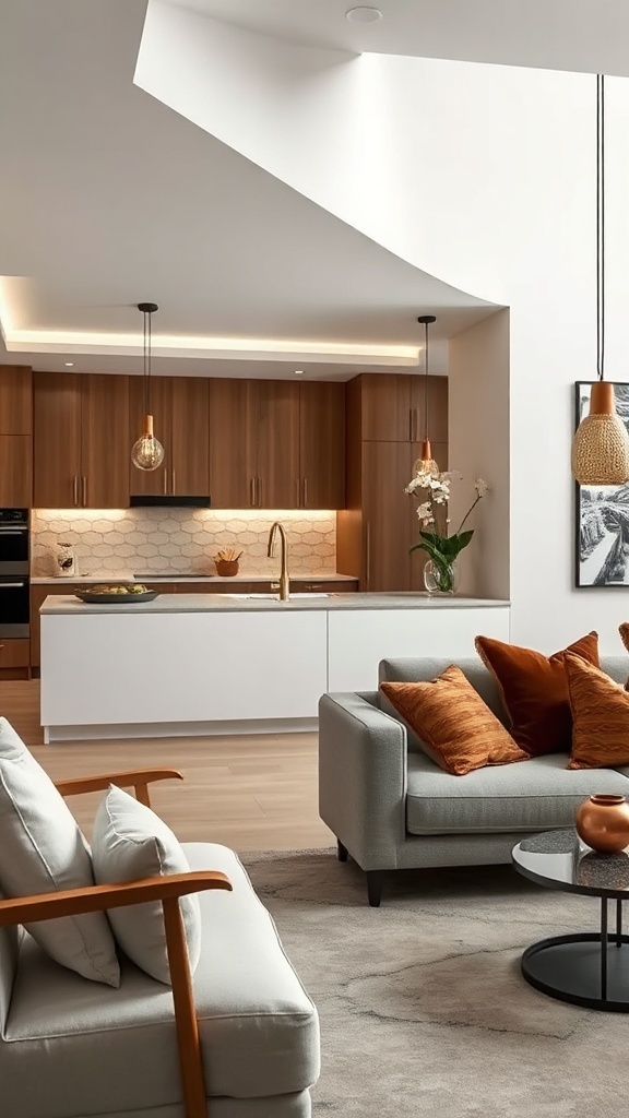A modern living area with textured wooden panels separating the kitchen
