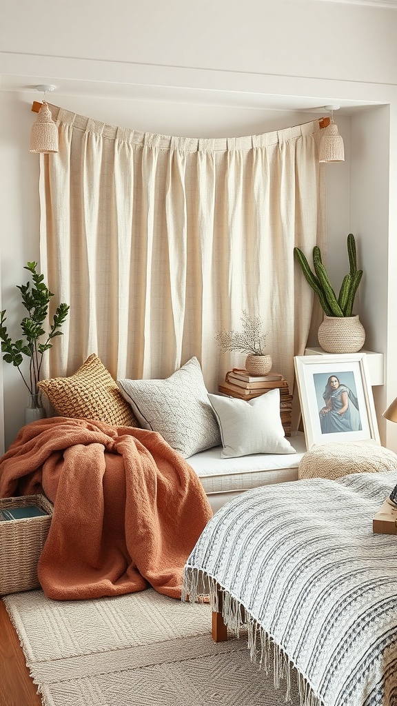 A cozy reading nook featuring textured throw blankets and pillows on a couch, with soft curtains and a potted plant.