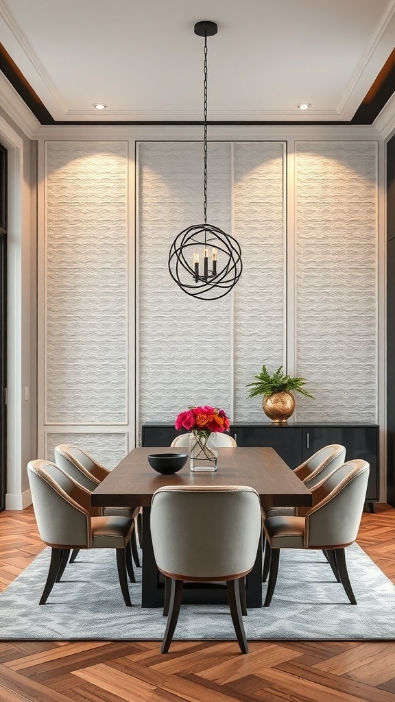 A stylish dining area with textured wall panels, elegant chandelier, and flower centerpiece.