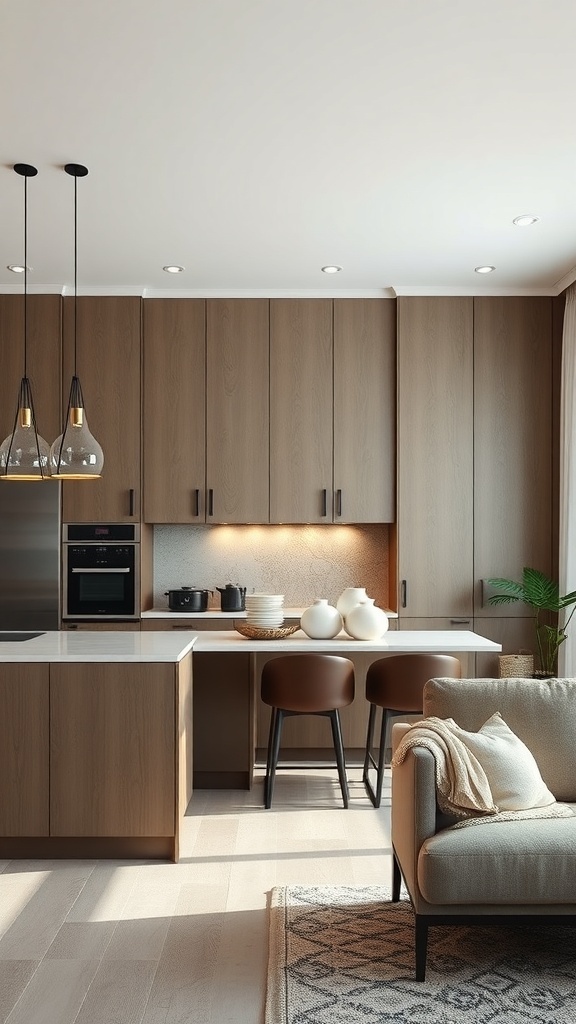 Stylish open kitchen featuring textured wall panels and modern design elements