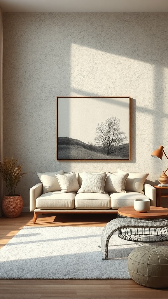 A cozy living room corner featuring a textured wall, a statement art piece, a comfortable sofa, and stylish decor.