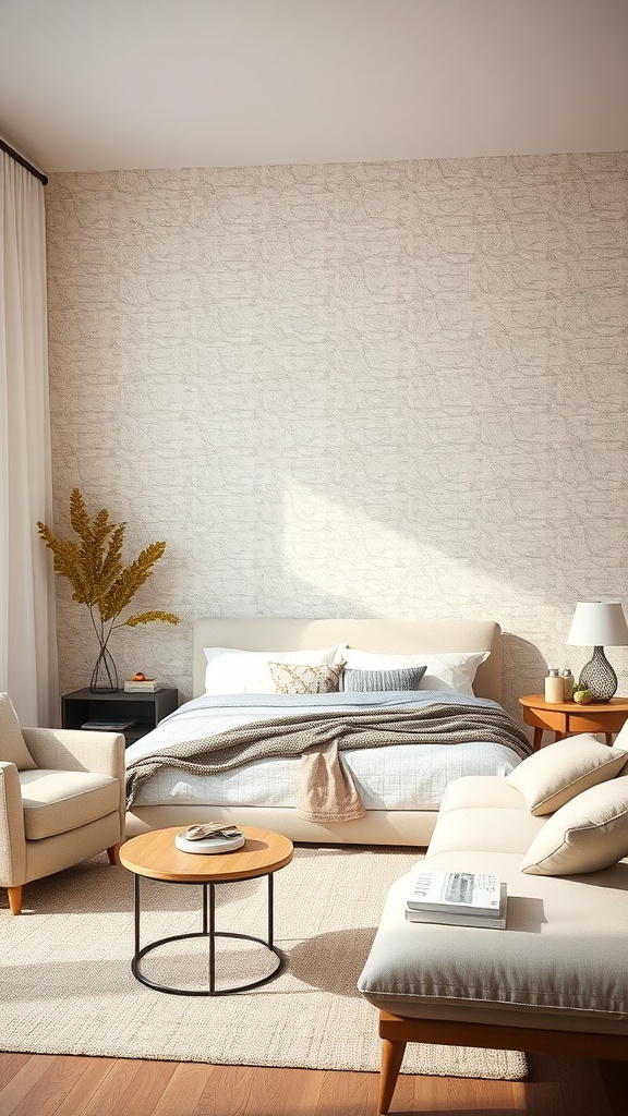 Cozy living room with textured wallpaper, light furniture, and warm decor.