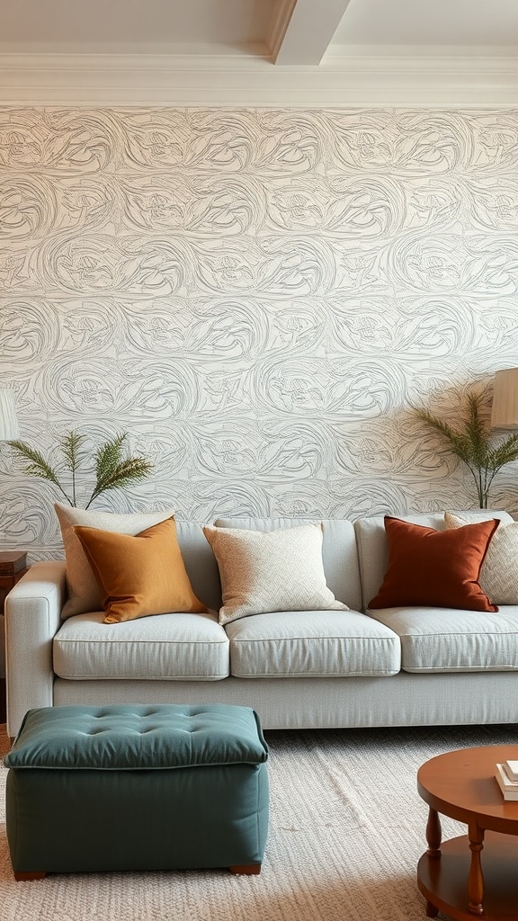 A living room with textured wallpaper, a light sofa, colorful cushions, and plants.