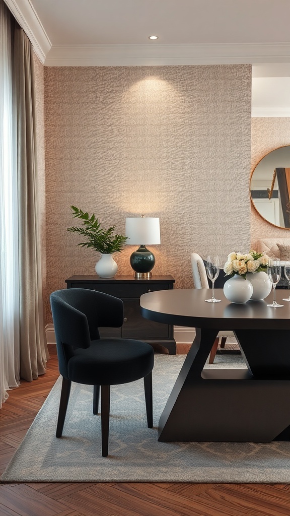 A modern dining area with textured wallpaper, stylish furniture, and elegant decor.