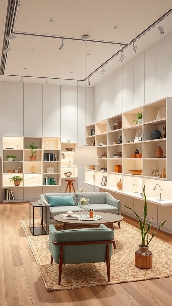 Modern retail display with partitioned shelves showcasing various items