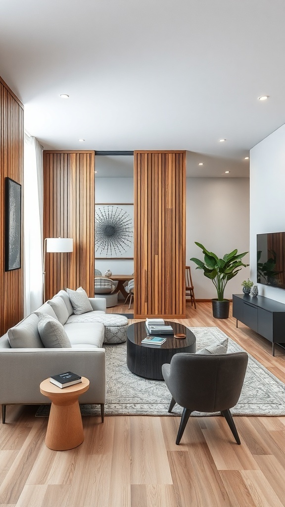 Modern living space featuring a wood and glass partition, showcasing the blend of natural elements and contemporary design.