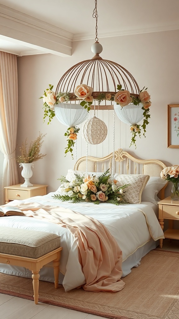 A beautifully decorated bird cage with flowers, hanging above a bed in a cozy room.