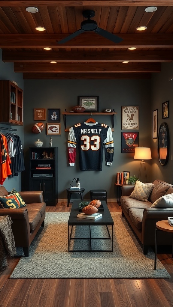 A cozy man cave decorated with sports memorabilia, featuring a jersey on the wall, leather sofas, and warm lighting.